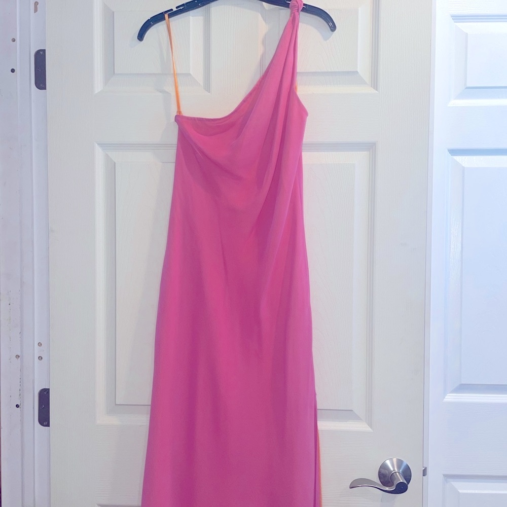 Elegant Pink One-Shoulder asymmetrical chiffon double layer 2-tone Dress